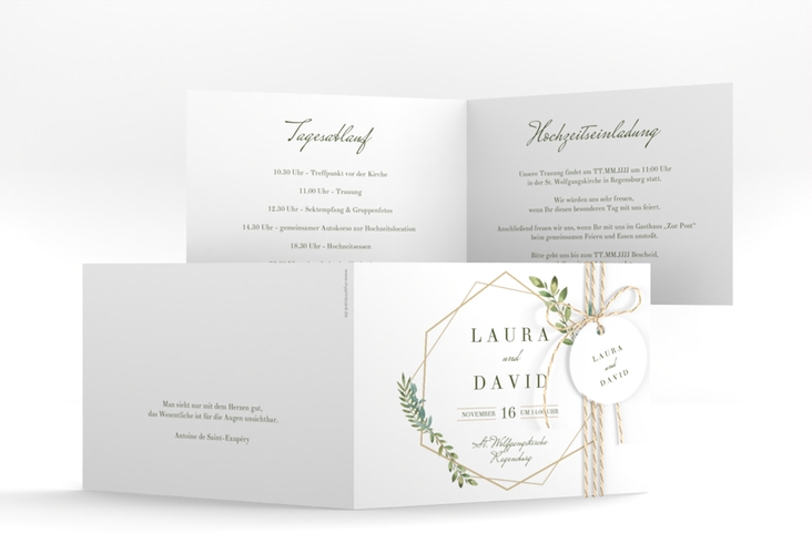 Hochzeitseinladung Herbarium A6 Klappkarte quer gold hochglanz mit geometrischem Rahmen und Blätter-Dekor