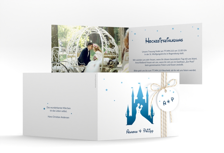 Hochzeitseinladung Castle A6 Klappkarte quer blau