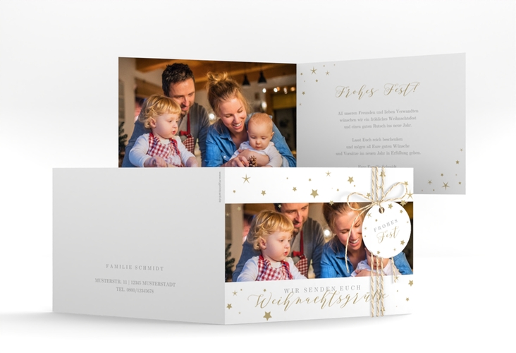 Weihnachtskarte Sternennacht A6 Klappkarte quer weiss mit Sternchen und Familienfoto