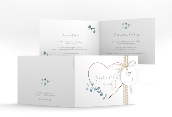 Hochzeitseinladung Greenheart A6 Klappkarte quer rosa hochglanz mit elegantem Herz und Eukalyptus-Zweig