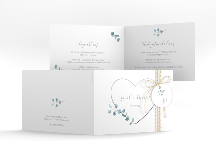 Hochzeitseinladung Greenheart A6 Klappkarte quer grau hochglanz mit elegantem Herz und Eukalyptus-Zweig