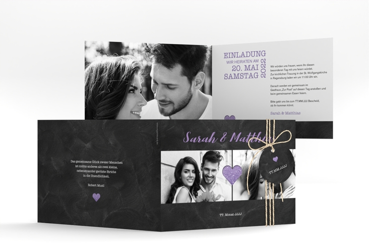 Hochzeitseinladung Sparkly A6 Klappkarte quer lila hochglanz