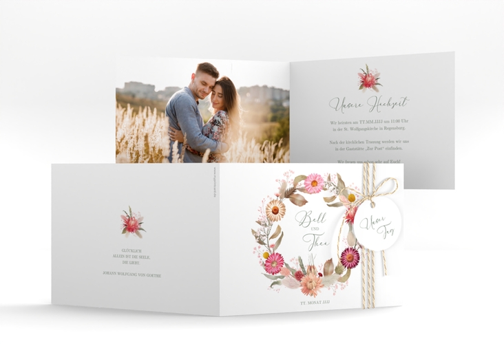 Hochzeitseinladung Trockenblumen A6 Klappkarte quer weiss hochglanz