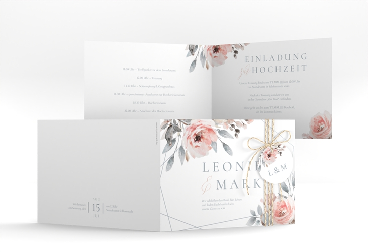 Hochzeitseinladung Perfection A6 Klappkarte quer weiss hochglanz mit rosa Rosen