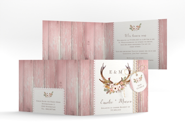 Hochzeitseinladung Heimatjuwel A6 Klappkarte quer rosa hochglanz mit Hirschgeweih und Holz-Hintergrund