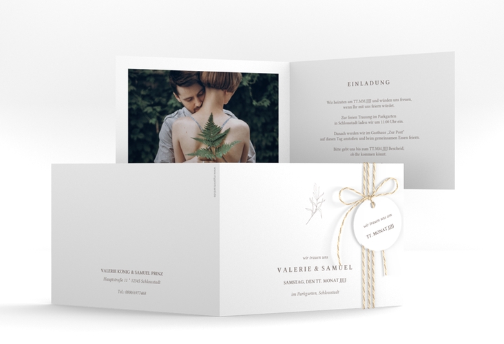 Hochzeitseinladung Ivy A6 Klappkarte quer weiss hochglanz minimalistisch mit kleiner botanischer Illustration
