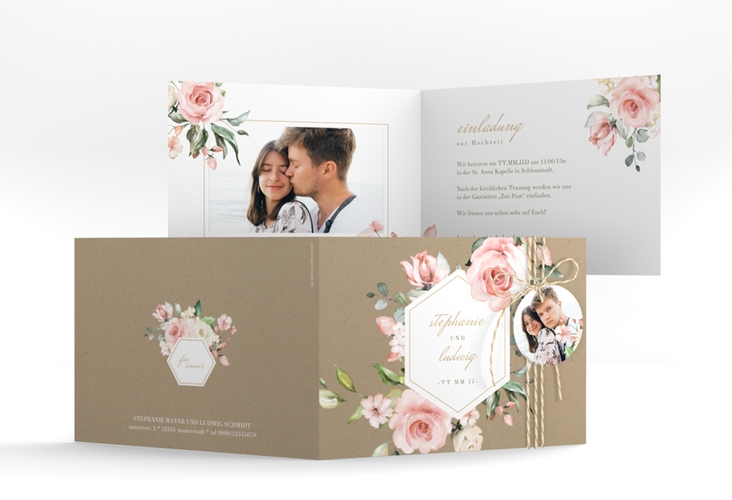 Einladung Hochzeit Graceful A6 Klappkarte quer Kraftpapier hochglanz mit Rosenblüten in Rosa und Weiß