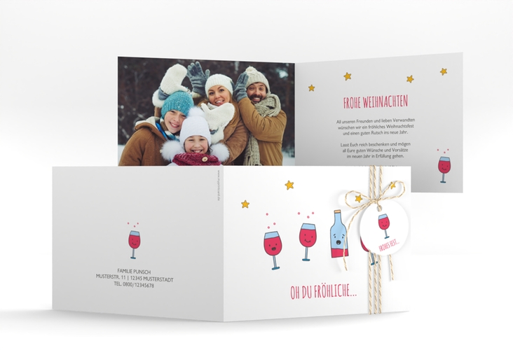 Weihnachtskarte Weihnachtspunsch A6 Klappkarte quer mit singenden Getränken im Cartoon-Stil