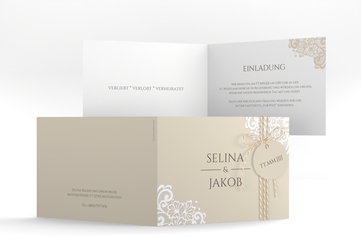 Hochzeitseinladung Vintage A6 Klappkarte quer beige mit floraler Spitze