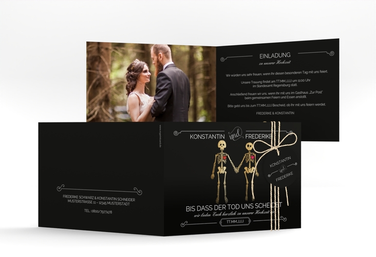 Hochzeitseinladung Bones A6 Klappkarte quer schwarz hochglanz