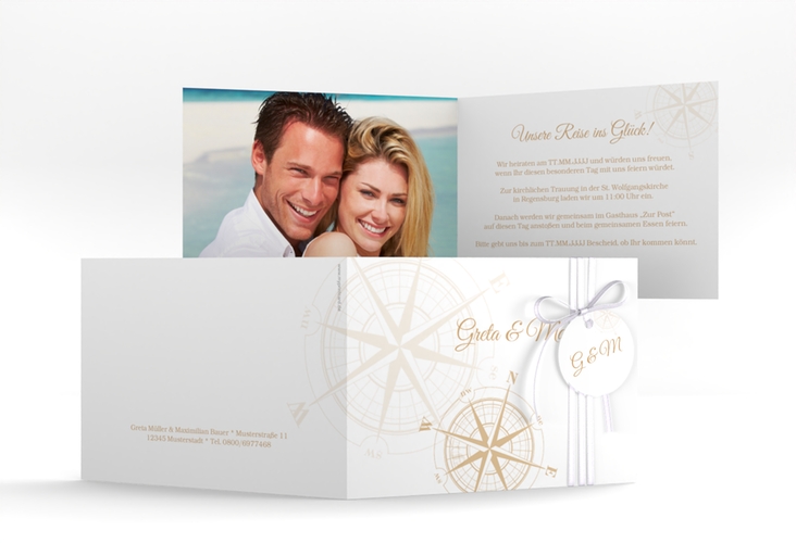 Hochzeitseinladung Windrose A6 Klappkarte quer beige