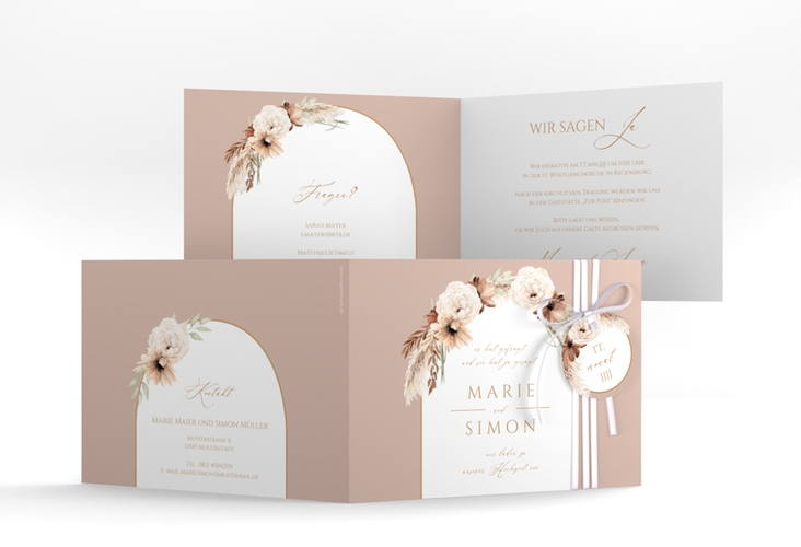 Hochzeitseinladung Blumenbogen A6 Klappkarte quer rosa
