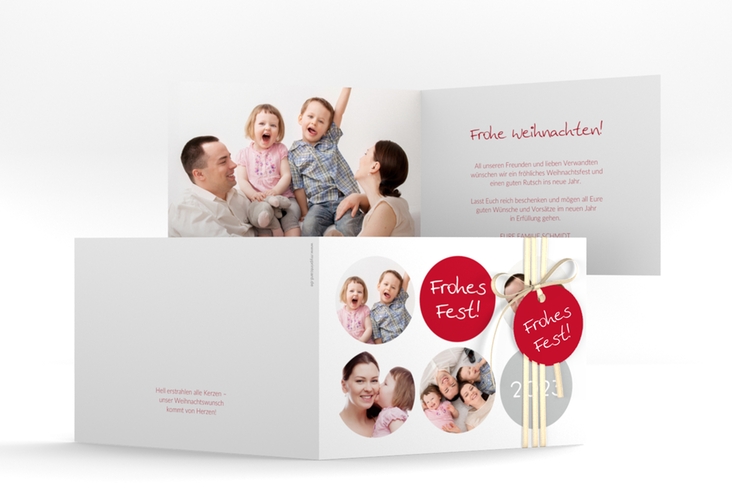 Weihnachtskarte Joy A6 Klappkarte quer weiss hochglanz mit runden Fotos