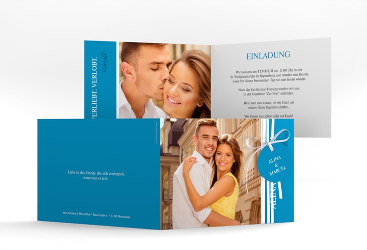Hochzeitseinladung Classic A6 Klappkarte quer blau