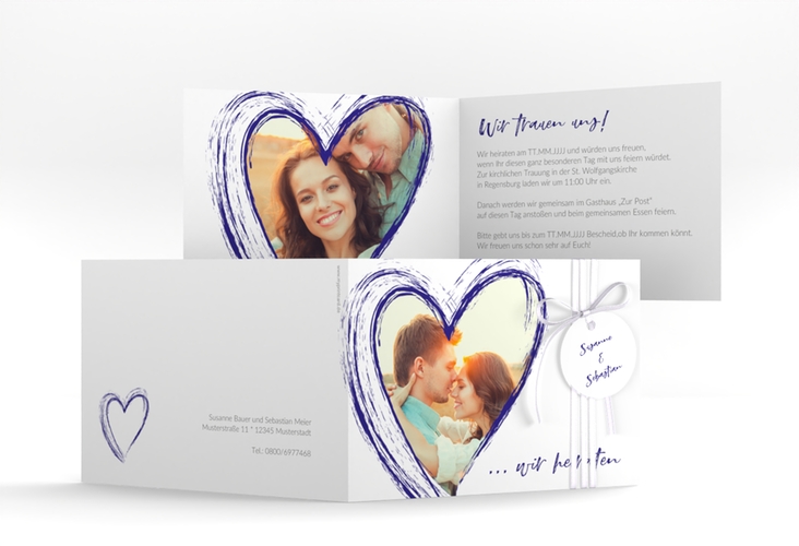 Hochzeitseinladung Liebe A6 Klappkarte quer blau hochglanz