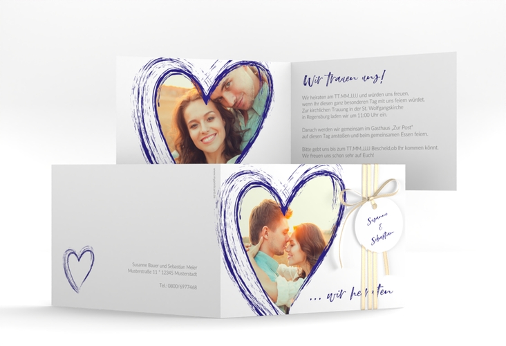 Hochzeitseinladung Liebe A6 Klappkarte quer blau hochglanz