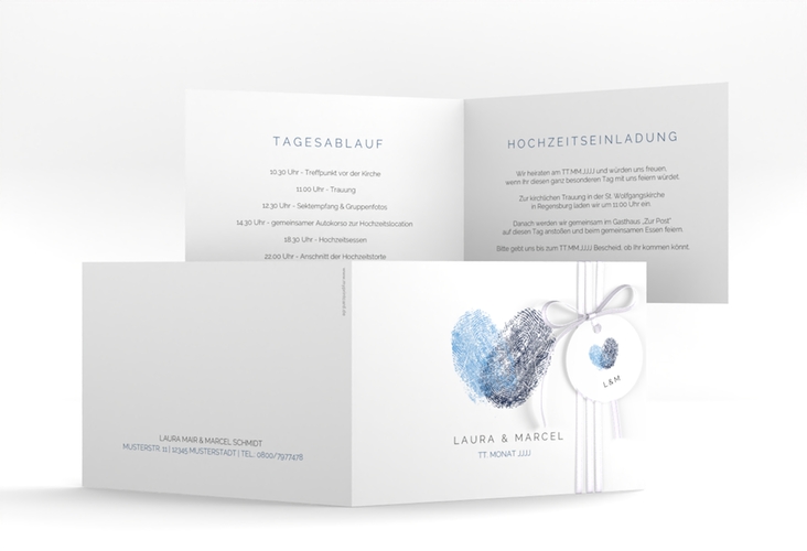 Hochzeitseinladung Fingerprint A6 Klappkarte quer blau hochglanz schlicht mit Fingerabdruck-Motiv