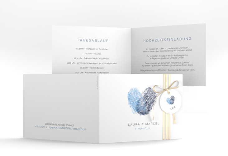 Hochzeitseinladung Fingerprint A6 Klappkarte quer blau hochglanz schlicht mit Fingerabdruck-Motiv