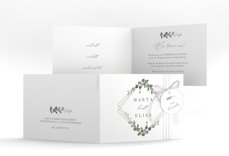 Hochzeitseinladung Eukalyptus A6 Klappkarte quer weiss