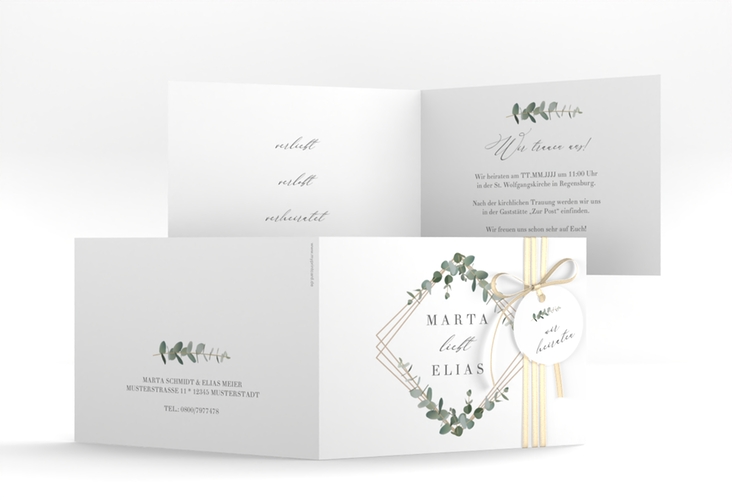 Hochzeitseinladung Eukalyptus A6 Klappkarte quer weiss