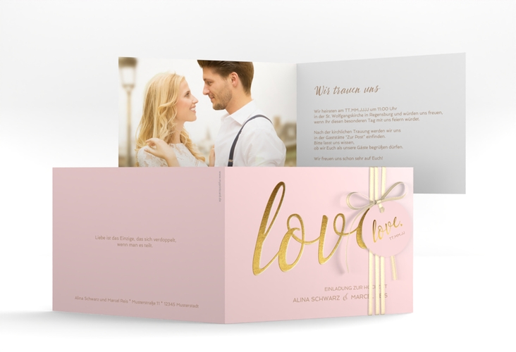 Hochzeitseinladung Glam A6 Klappkarte quer rosa hochglanz