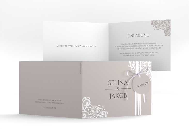 Hochzeitseinladung Vintage A6 Klappkarte quer mit floraler Spitze