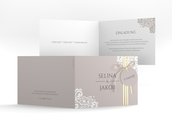 Hochzeitseinladung Vintage A6 Klappkarte quer mit floraler Spitze