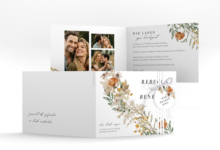 Hochzeitseinladung Wildfang A6 Klappkarte quer weiss mit getrockneten Wiesenblumen