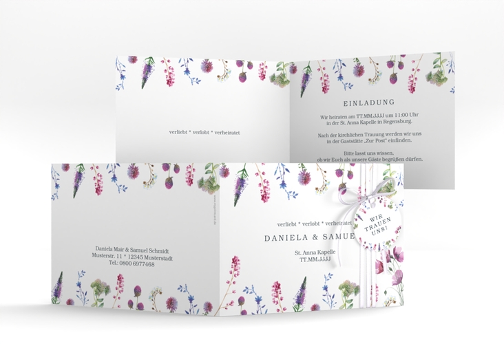Hochzeitseinladung Wildblumen A6 Klappkarte quer weiss
