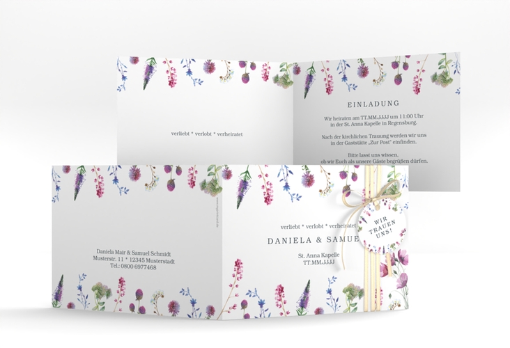 Hochzeitseinladung Wildblumen A6 Klappkarte quer weiss