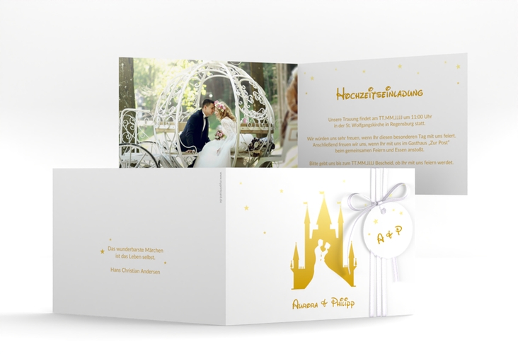 Hochzeitseinladung Castle A6 Klappkarte quer gold hochglanz