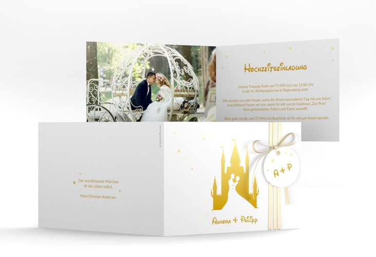 Hochzeitseinladung Castle A6 Klappkarte quer gold hochglanz