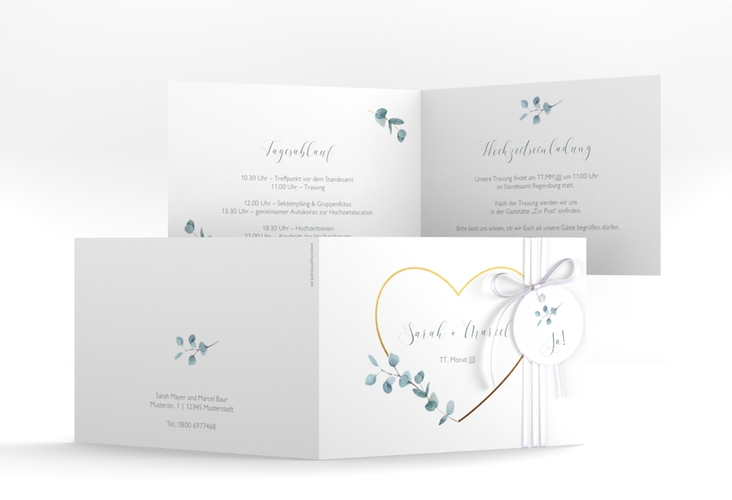Hochzeitseinladung Greenheart A6 Klappkarte quer gold hochglanz mit elegantem Herz und Eukalyptus-Zweig