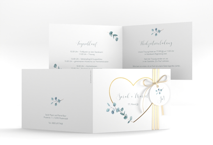 Hochzeitseinladung Greenheart A6 Klappkarte quer gold hochglanz mit elegantem Herz und Eukalyptus-Zweig