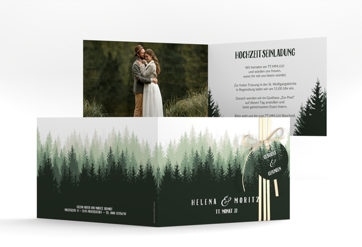 Hochzeitseinladung Forest A6 Klappkarte quer gruen hochglanz