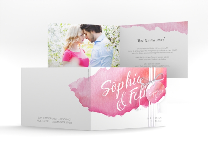 Einladungskarte Hochzeit Aquarella A6 Klappkarte quer rot
