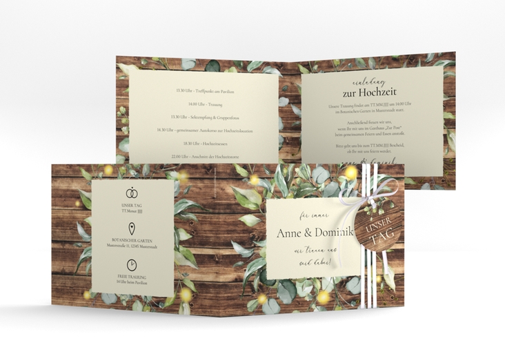 Hochzeitseinladung Greenwood A6 Klappkarte quer braun hochglanz im Greenery-Design mit Holz, Eukalyptus und Immergrün