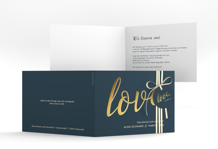 Hochzeitseinladung Glam A6 Klappkarte quer blau hochglanz