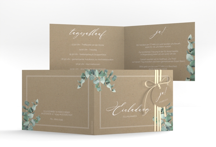 Hochzeitseinladung Eucalypt A6 Klappkarte quer Kraftpapier hochglanz mit Eukalyptus und edlem Rahmen