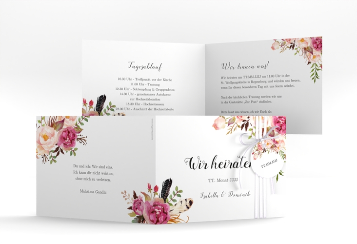 Hochzeitseinladung Flowers A6 Klappkarte quer weiss hochglanz mit bunten Aquarell-Blumen