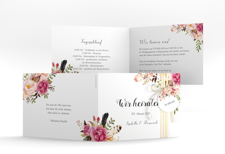 Hochzeitseinladung Flowers A6 Klappkarte quer weiss hochglanz mit bunten Aquarell-Blumen