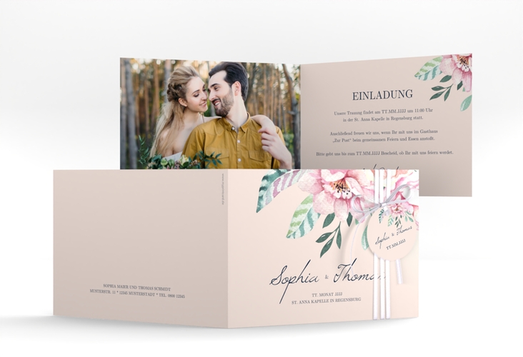 Hochzeitseinladung Blooming A6 Klappkarte quer rosa