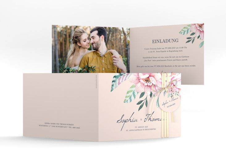Hochzeitseinladung Blooming A6 Klappkarte quer rosa