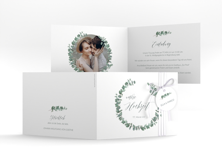 Hochzeitseinladung Silverleaf A6 Klappkarte quer weiss mit Eukalyptus-Zweig