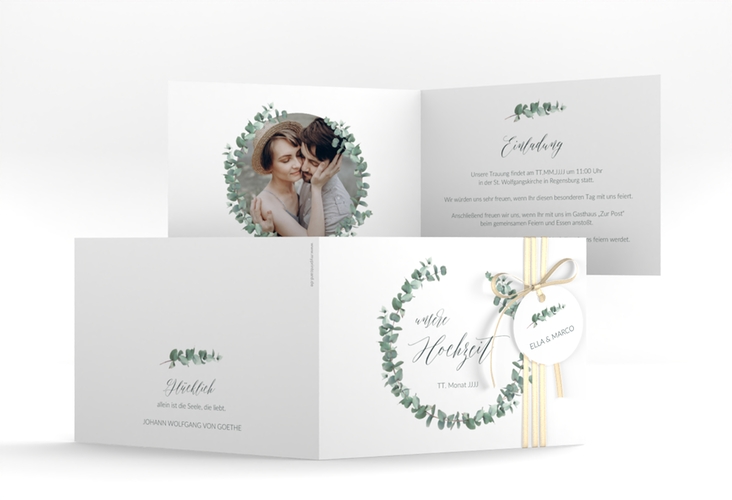 Hochzeitseinladung Silverleaf A6 Klappkarte quer weiss mit Eukalyptus-Zweig