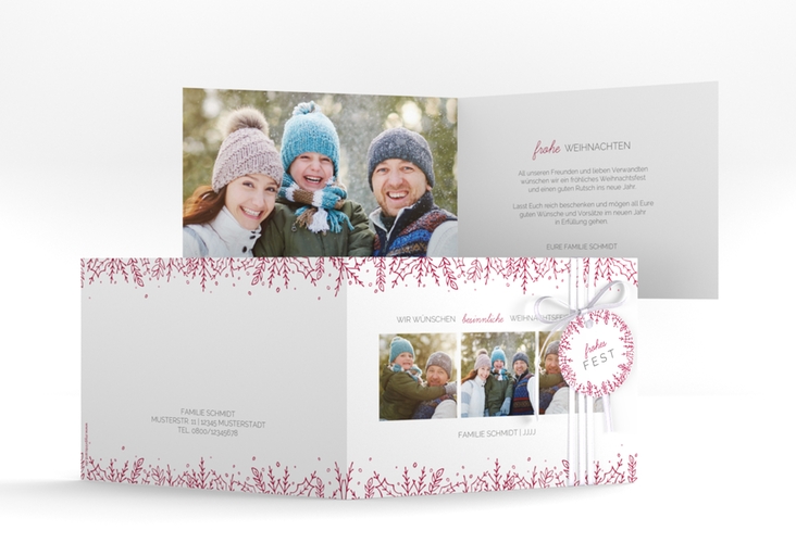Weihnachtskarte Decor A6 Klappkarte quer hochglanz mit drei Fotos und Zweig-Dekor