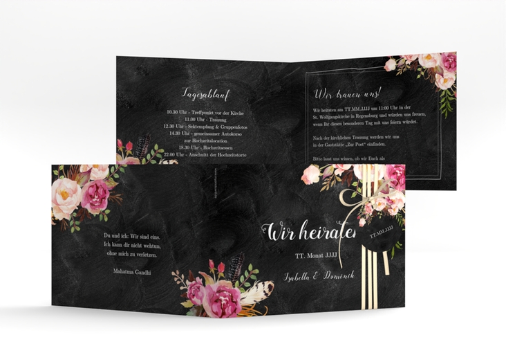 Hochzeitseinladung Flowers A6 Klappkarte quer schwarz hochglanz mit bunten Aquarell-Blumen