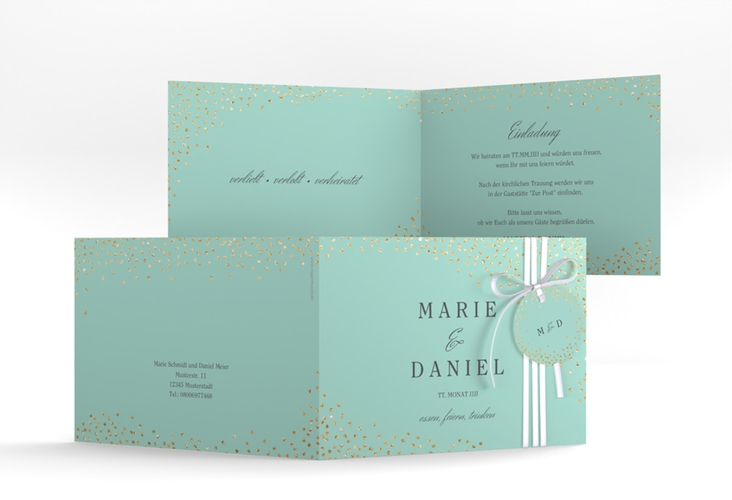 Hochzeitseinladung Glitter A6 Klappkarte quer mint hochglanz