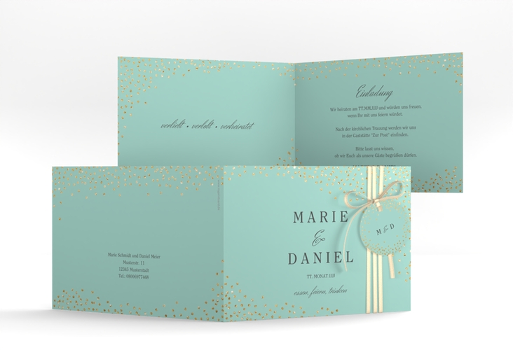 Hochzeitseinladung Glitter A6 Klappkarte quer mint hochglanz
