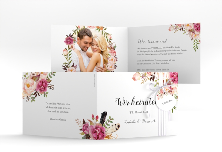 Hochzeitseinladung Flowers A6 Klappkarte quer weiss mit bunten Aquarell-Blumen